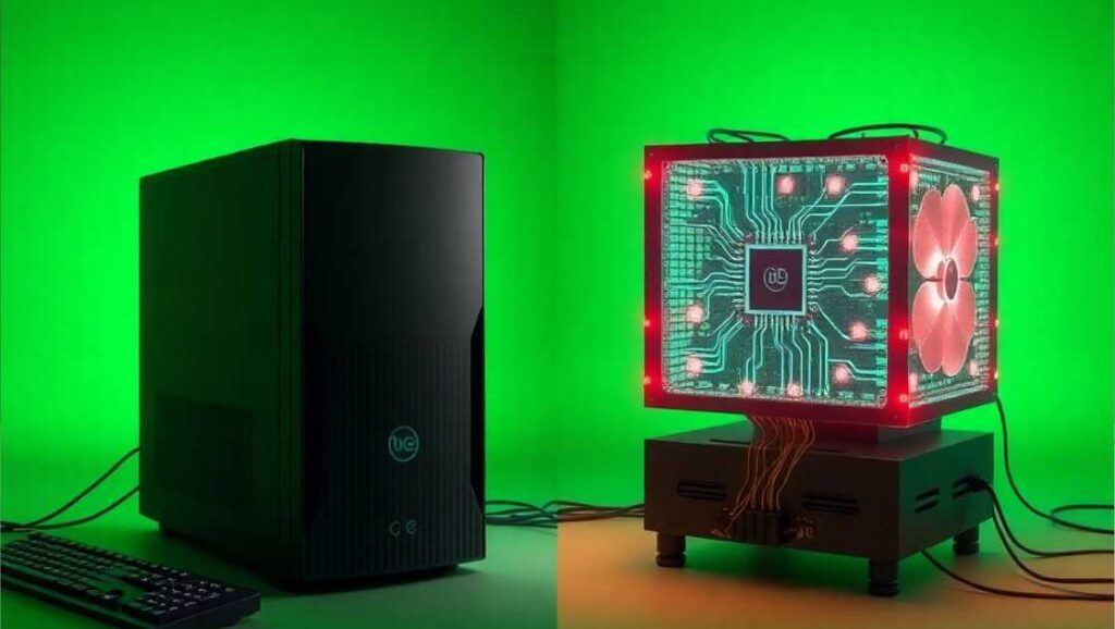 Classic Computer and Modern computer (quantum computing) tower contrasted with a glowing, cube-shaped circuit board with illuminated components and cooling fans.