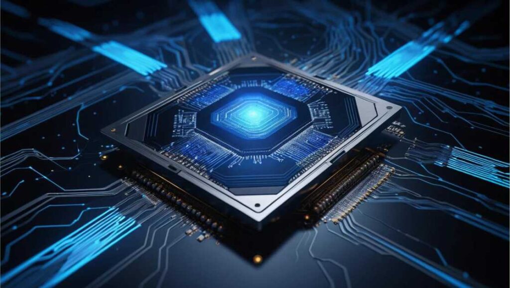 High-tech computer processor chip with intricate circuit board and glowing blue lines.