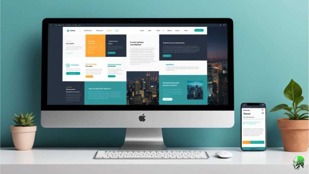 Modern website design displayed on a desktop computer, alongside a smartphone, and plant.