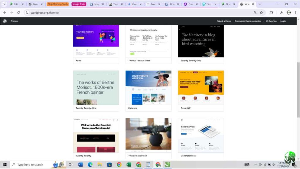 Grid of website theme thumbnails, showcasing various designs and names like Astra, Ocean WP, GeneratePress, and Kadence.