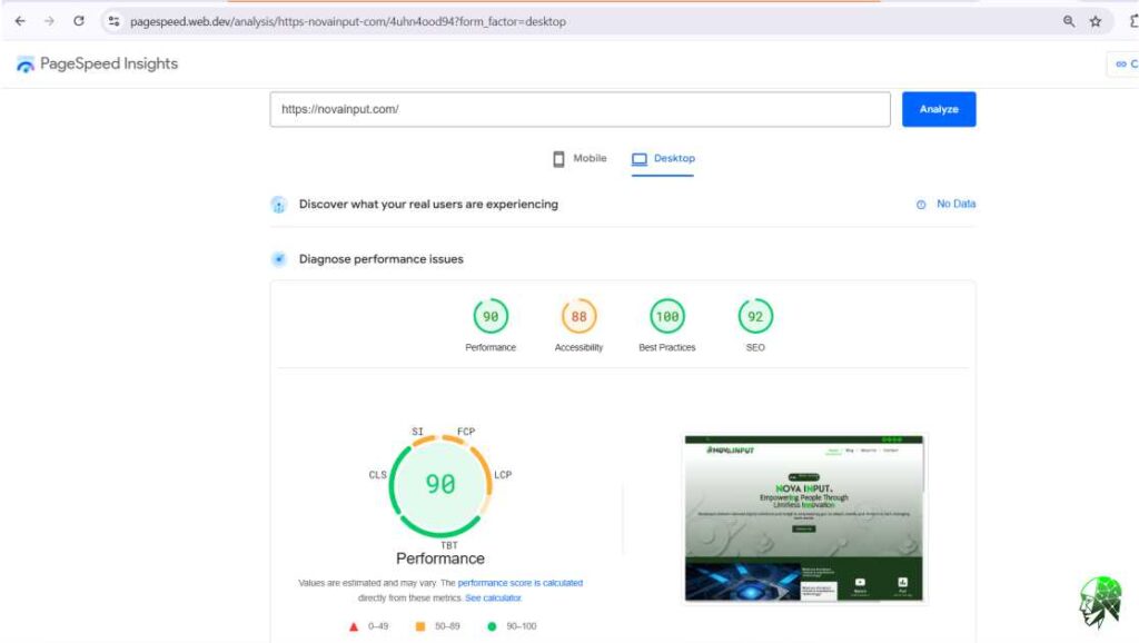 PageSpeed Insights analysis for novainput.com, showing performance, accessibility, best practices, and SEO scores, along with a screenshot of the website.