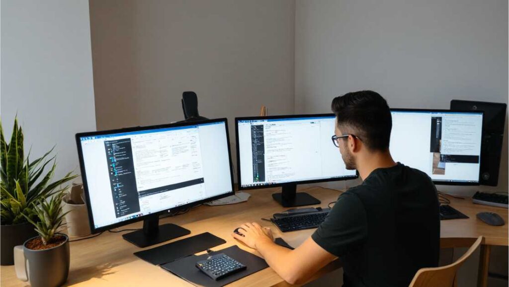 Person working at a desk with multiple computer monitors displaying code.