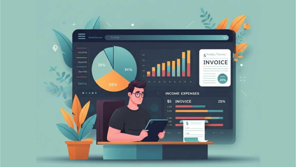 Man reviewing financial data on a computer screen displaying pie charts, bar graphs, and an invoice.