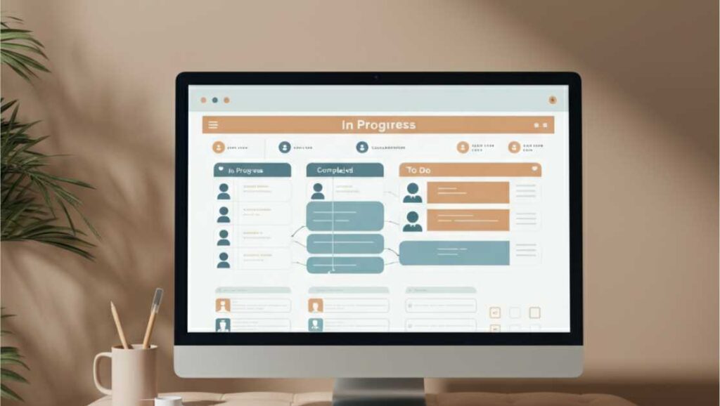 Computer monitor displaying a project management interface with task lists categorized as "In Progress," "Completed," and "To Do," linked to individual user icons.