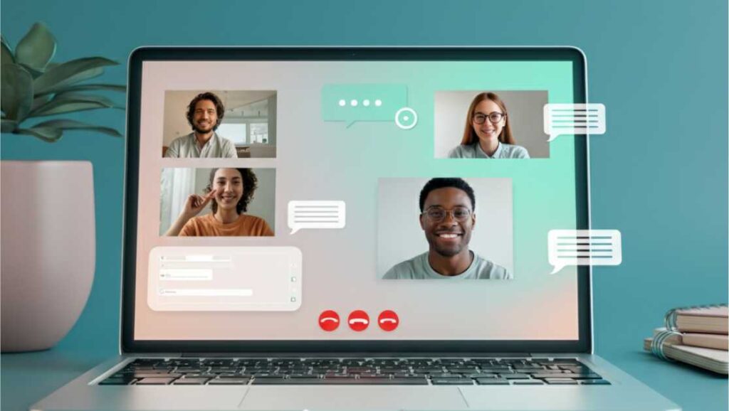 Laptop screen displaying a video conference with four people, chat bubbles, and call icons.