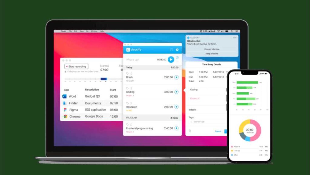 Time-tracking software displayed on a laptop and phone, showing project details, start/stop times, and application usage.