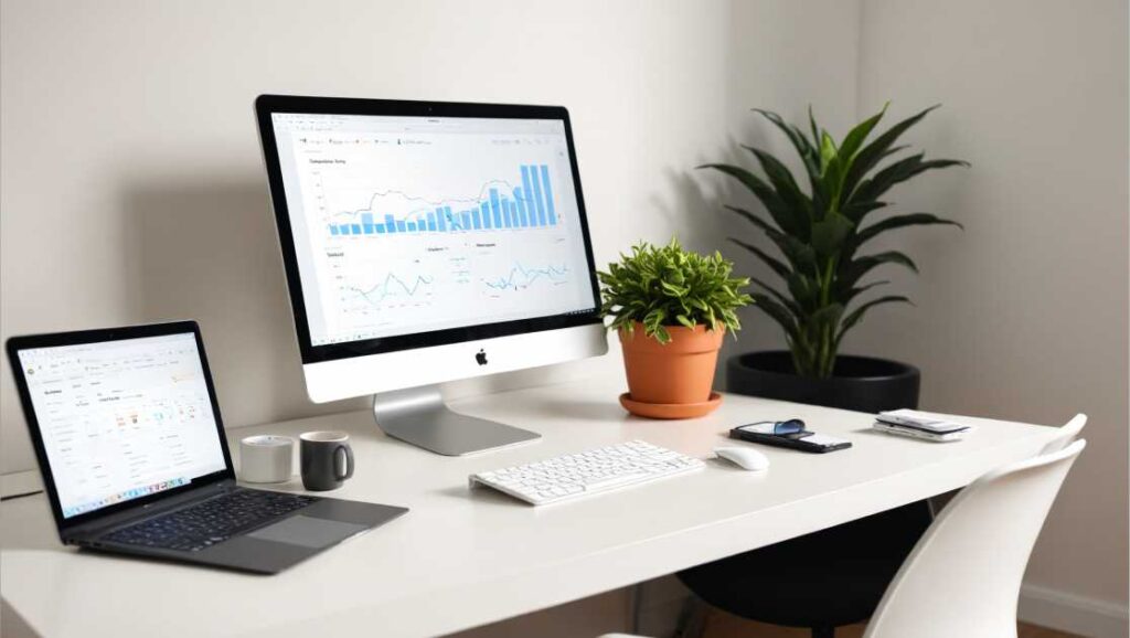 Modern workspace with computer monitors displaying graphs, a laptop, houseplant, and office supplies on a white desk.