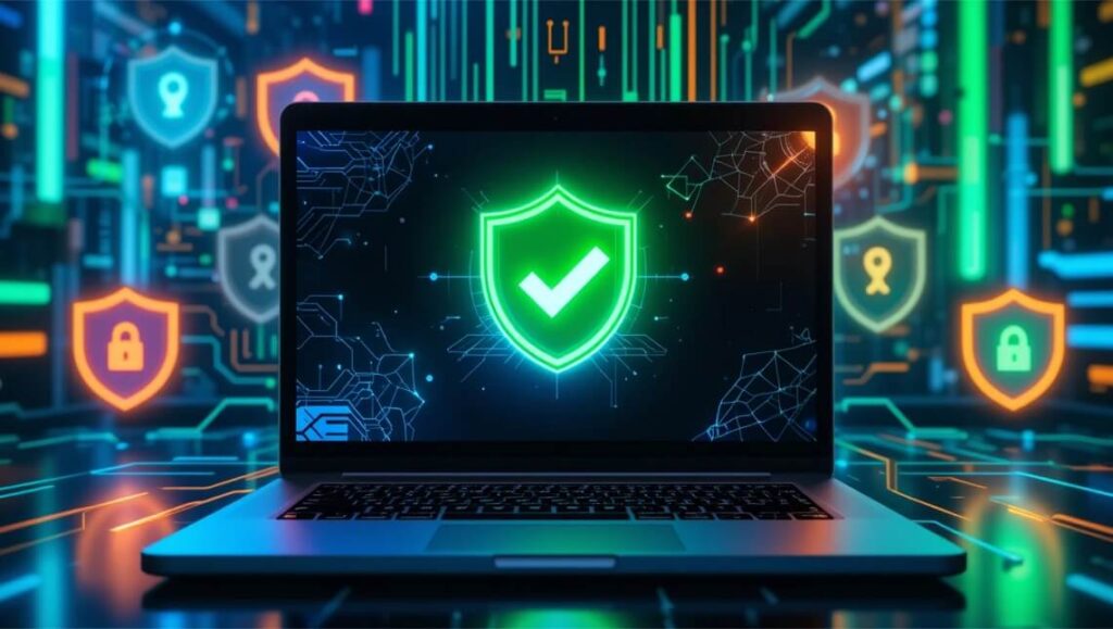 Laptop screen displaying a glowing green shield icon with a check mark, symbolizing cybersecurity protection inserted into a post titled Best free antivirus software for Windows