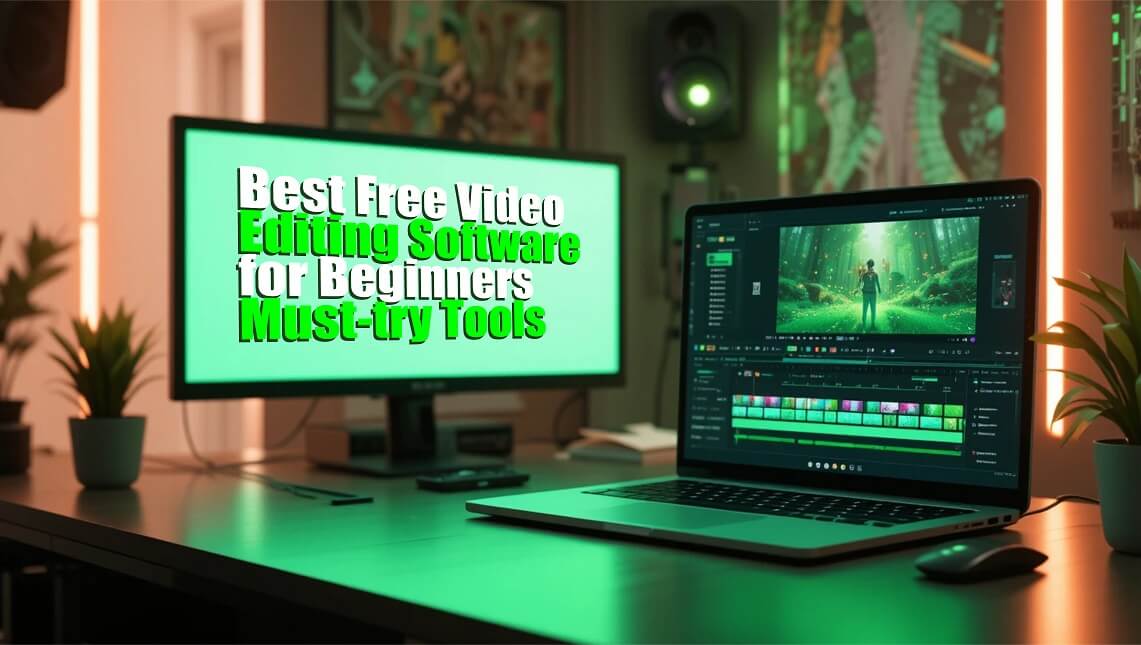 Laptop displaying video editing software with a timeline and a green screen, highlighting best free video editing software for beginners.