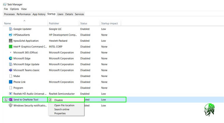 Windows Task Manager showing startup applications, highlighting "Send to OneNote Tool" to be disabled.