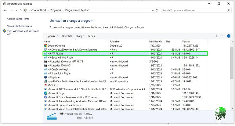 Windows Programs and Features list highlighting an unnecessary app (HP FTP Plugin) for removal to fix slow computer performance,