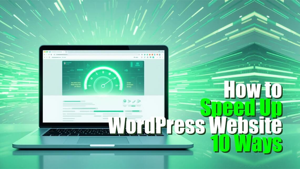 Open laptop displaying a website performance dashboard with text overlay reading "How to Speed Up WordPress Website 10 Ways".