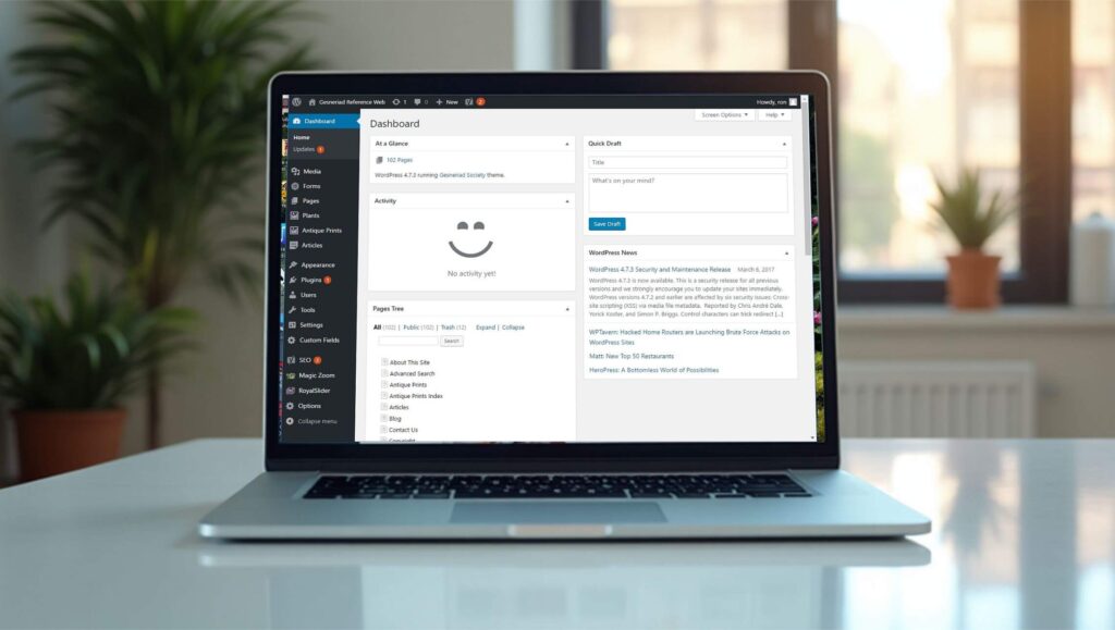 Open laptop displaying a WordPress dashboard with menus, page tree, and news updates, used for a post on how to start a blog fast and monetize it.