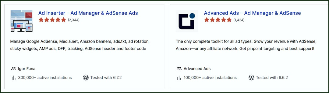 Two website ad management plugins, "Ad Inserter" and "Advanced Ads," are displayed, each with ratings, developer names, and numbers of active installations.