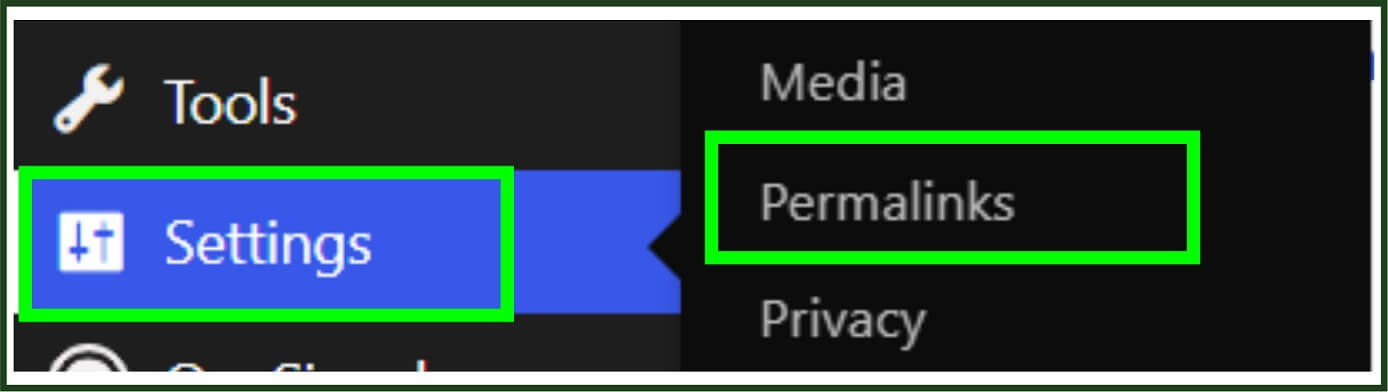 Settings menu with "Permalink" option highlighted.