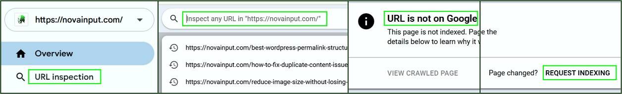 URL inspection tool showing "https://novainput.com/" is not indexed by Google, with options to view crawled page and request indexing.